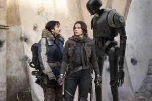 Rogue One: A Star Wars Story - Cassian Andor (Diego Luna), Jyn Erso (Felicity Jones) and K-2SO (Alan Tudyk)