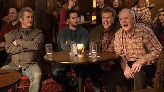 Mel Gibson als Kurt, Mark Wahlberg als Dusty, Will Ferrell als Brad und John Lithgow als Don in Daddy's Home 2