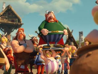 Asterix steht den Dorfbewohnern um Verleihnix, Automatix und Majestix gegenüber.