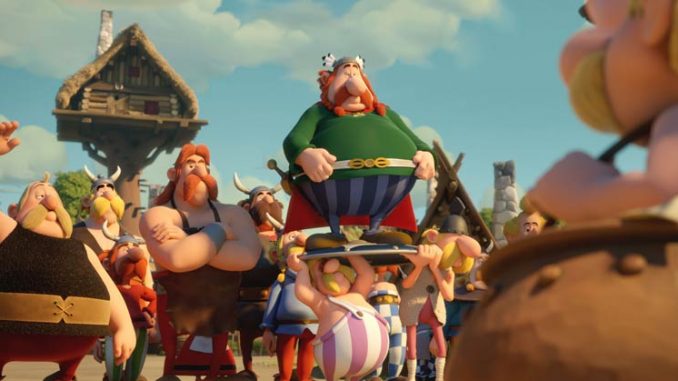 Asterix steht den Dorfbewohnern um Verleihnix, Automatix und Majestix gegenüber.