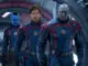 (L-R): Karen Gillan as Nebula, Chris Pratt as Peter Quill/Star-Lord, and Dave Bautista as Drax in Marvel Studios' Guardians of the Galaxy Vol. 3.